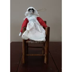 Vintage Doll with Porcelain Limbs and Woven Bottom Miniature Chair